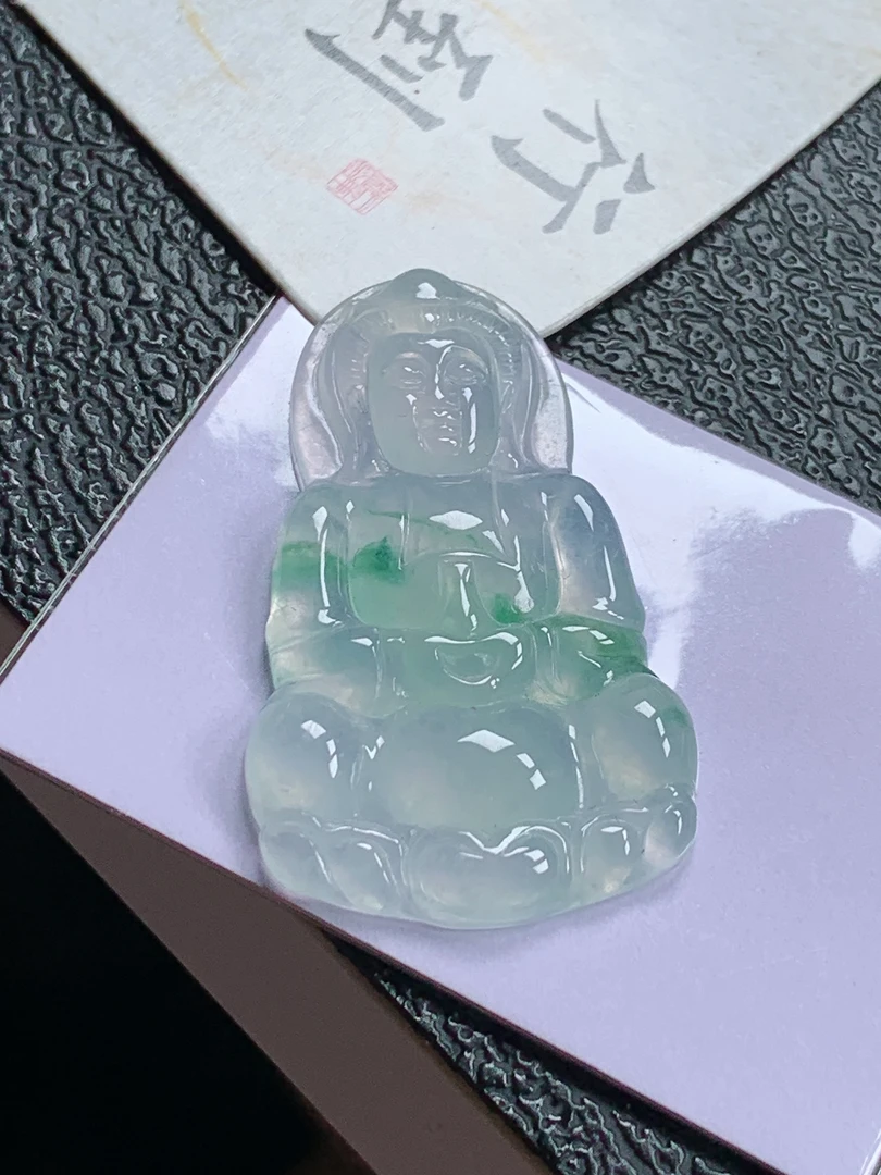 天然翡翠A货飘花观音吊坠，42.6*25.2*4.5