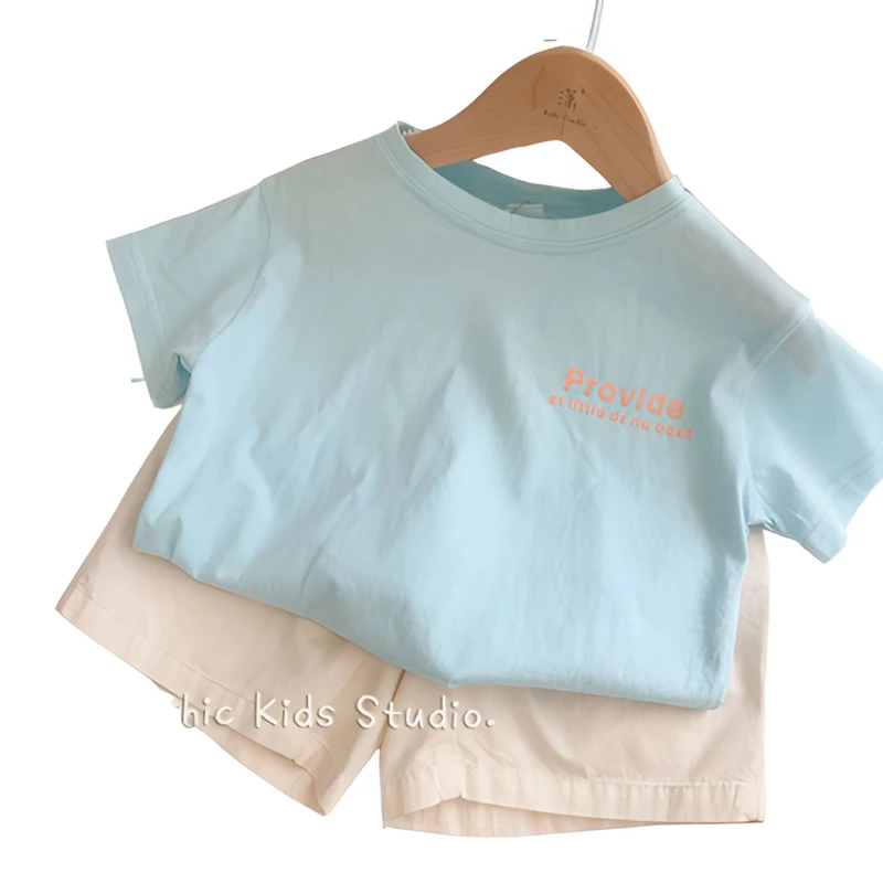 儿童天蓝色T恤纯棉短袖上衣童装夏季宽松圆领印花休闲半袖打底衫