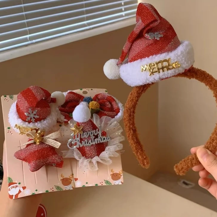 圣诞节发箍可爱红色帽子发箍女毛绒蝴蝶结发夹冬洗脸头箍发饰头饰