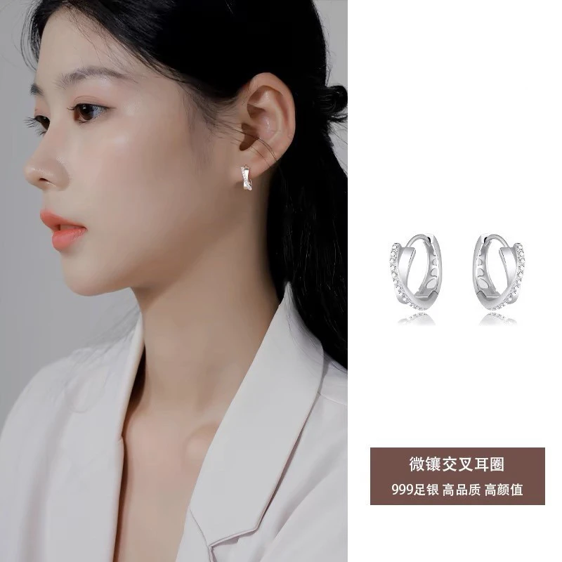 足银耳饰 s999纯银交叉耳圈冷淡风小众几何素圈耳环简约耳扣足银