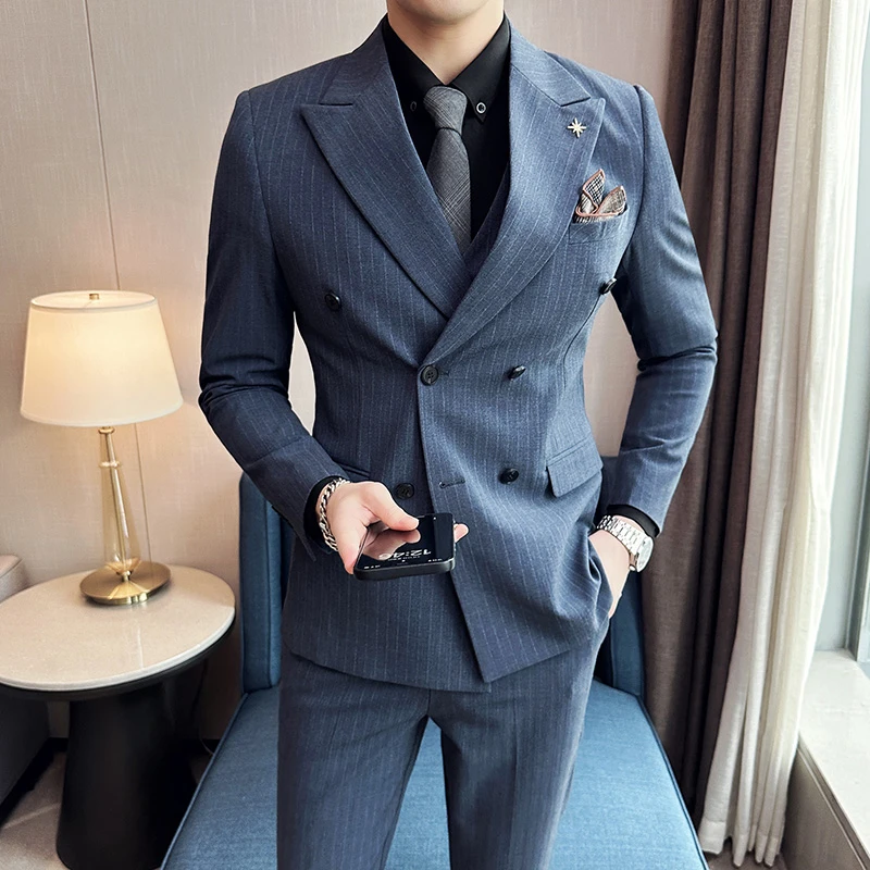春季双排扣西装男英伦条纹结婚新郎西服薄款高档商务休闲正装