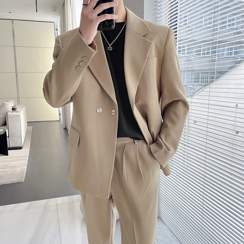 高级感西服男套装微阔两粒隐形暗扣垂感西装两件套痞帅宽松外套潮