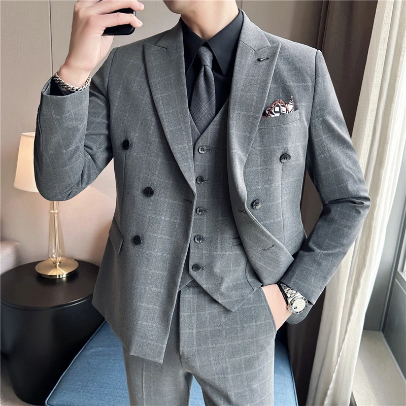 新郎西服套装男士三件套休闲商务正装修身结婚礼服格子西装男英伦