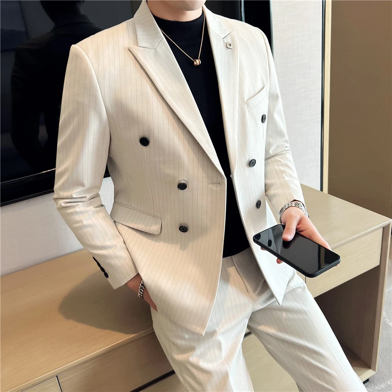 西服套装男新郎结婚高级感条纹正装婚礼礼服高端英伦修身休闲西装