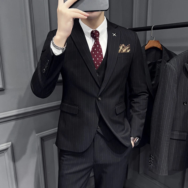 【新郎结婚三件套西服套装】条纹订婚西装休闲职业正装主持人礼服