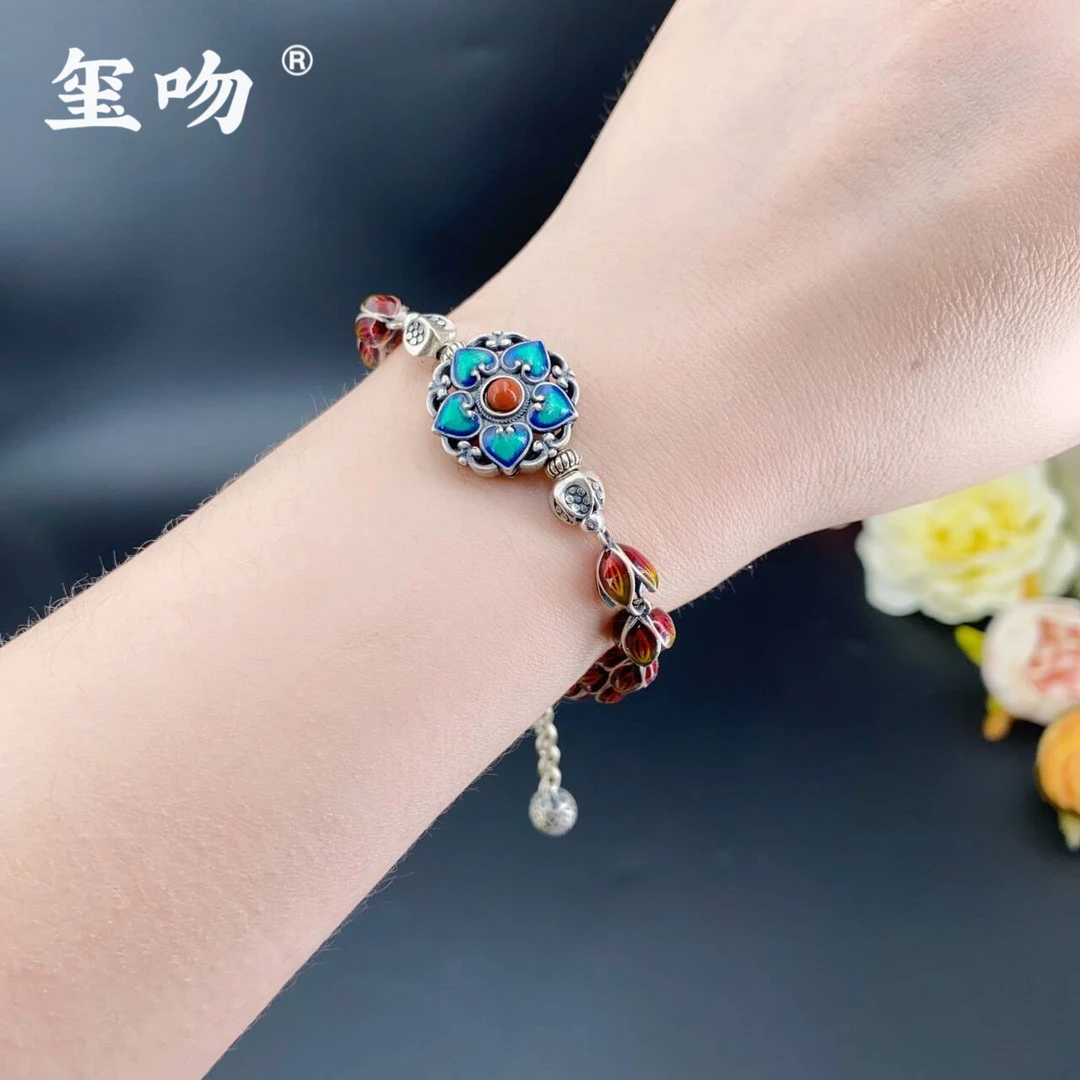 925银手链 【玺吻】花开富贵十全十美手链八宝莲花提溜手链 约21cm