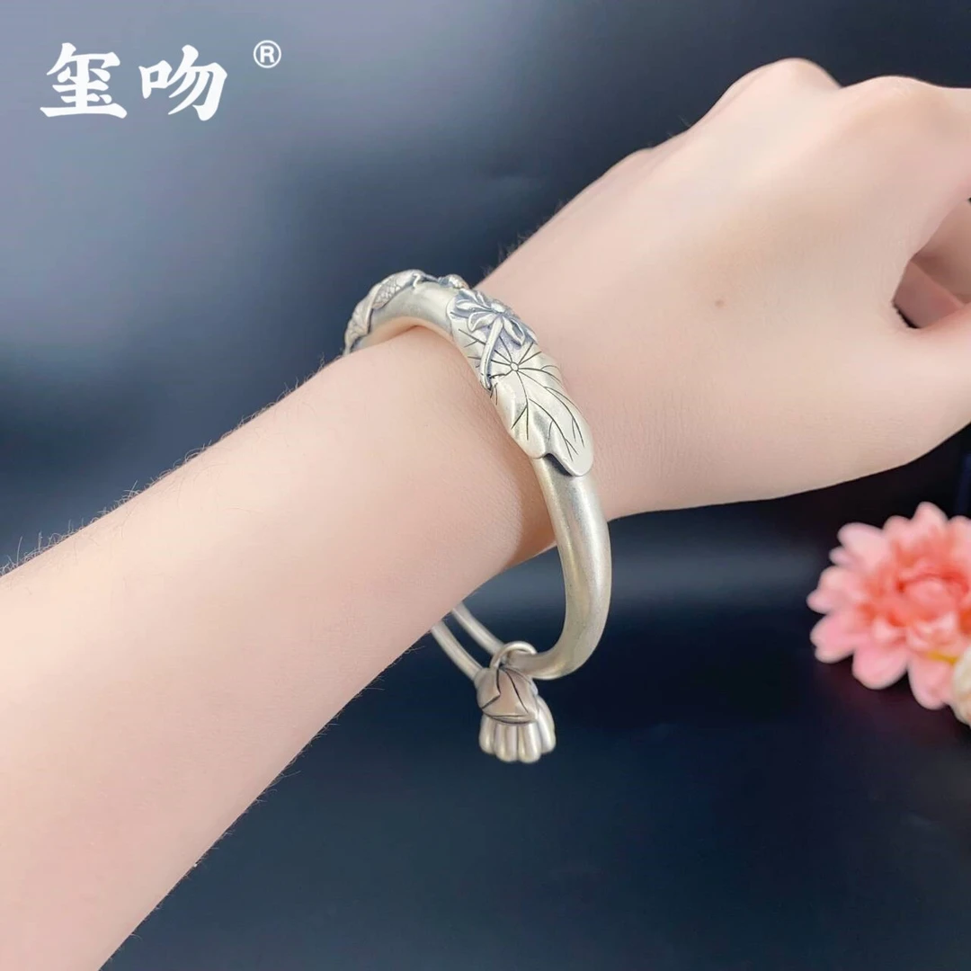 足银手镯 SZ002【玺吻】足银手工古法两世欢手镯鱼戏莲花手镯