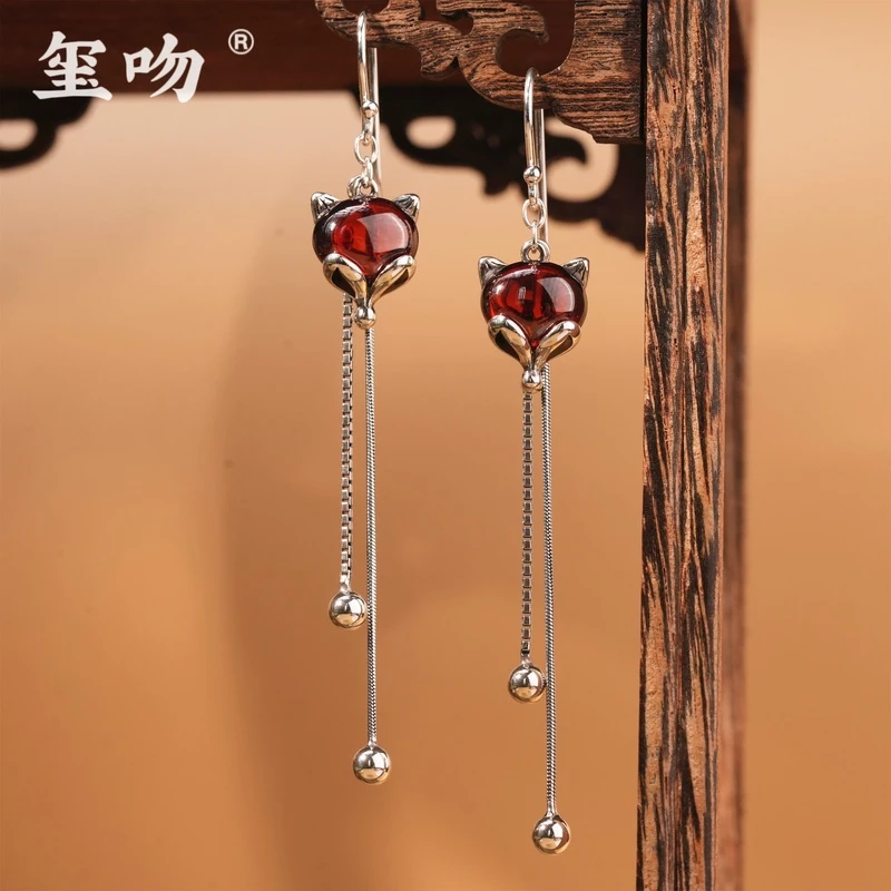 925银耳饰 【玺吻】s925银 石榴狐狸流苏耳坠 简约红色百搭长款百搭