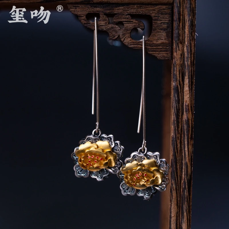 足银耳饰 【玺吻】足银999.9花开富贵 国色天香金牡丹耳坠 长款耳饰