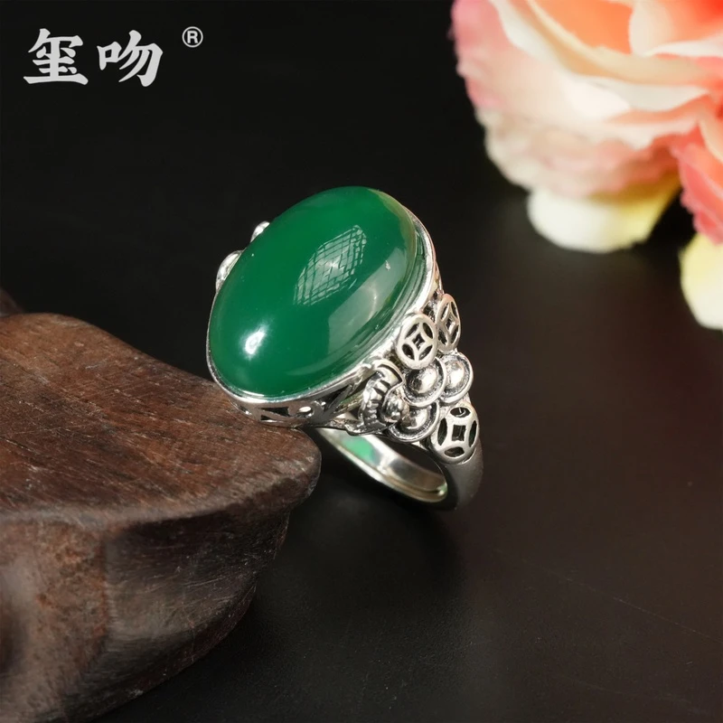 【玺吻】s925银 天然绿玛瑙蛋面招财纳宝戒指