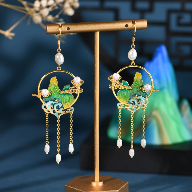 925银耳饰 【玺吻】s925银 千里江山图流苏耳坠 非遗纯手工花丝耳坠