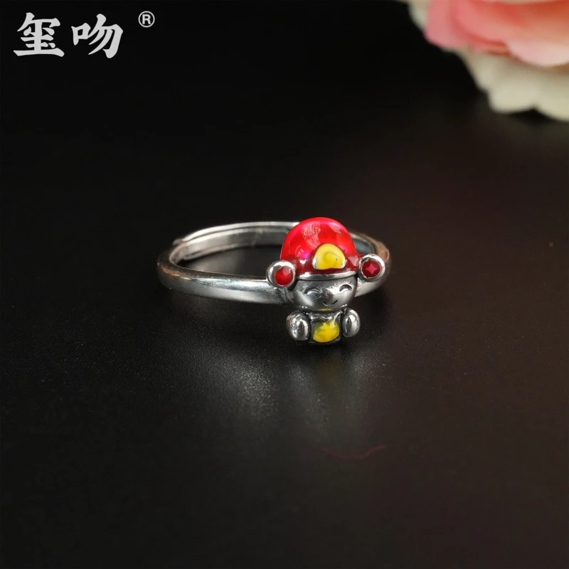 925银戒指 【玺吻】s925银 招财进宝 景泰蓝工艺纯银财神戒指银戒指