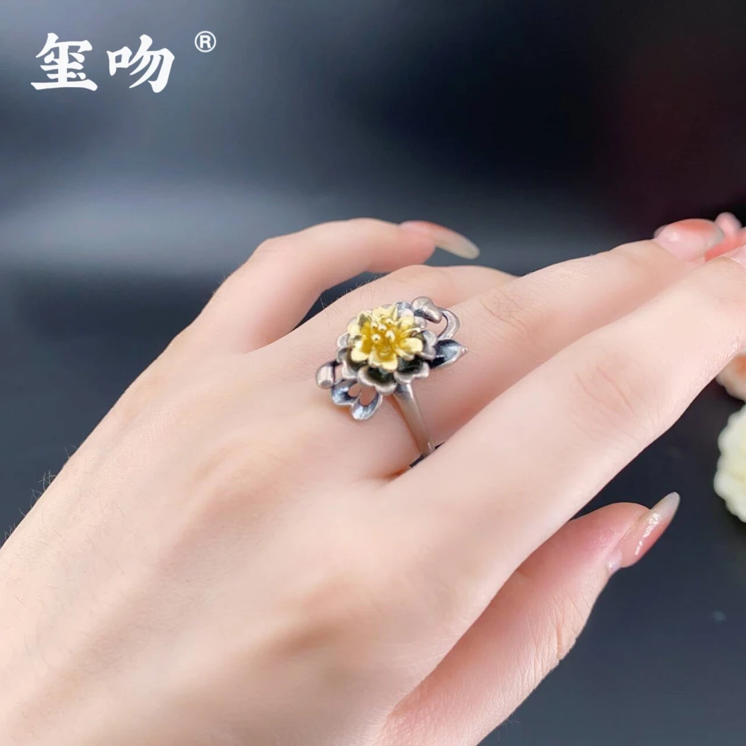 足银戒指 【玺吻】足银999.9花开富贵金牡丹花气质时尚做旧古风戒指