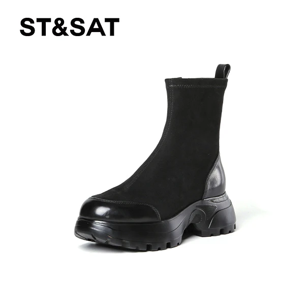 女士时尚英伦弹力靴风厚底秋冬圆头弹力