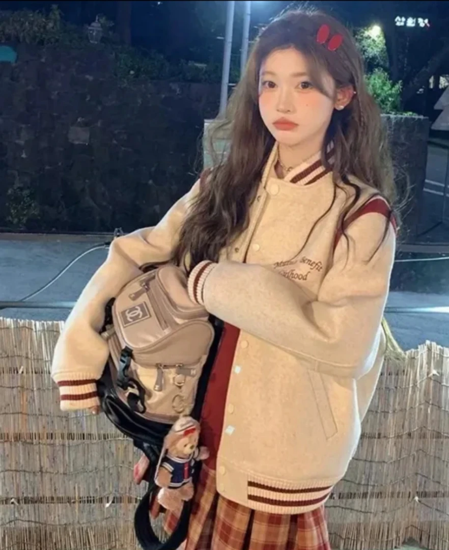 【XZ001】【原版品质】美式复古撞色棒球服外套秋季宽松遮肉显瘦上衣