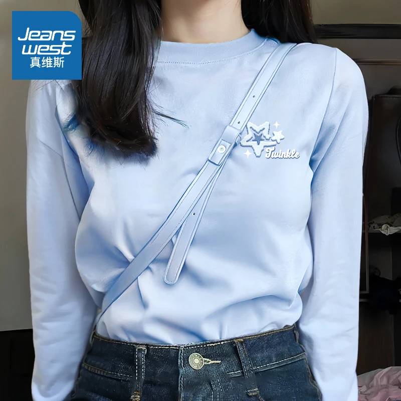 真维斯t恤女2024新款爆款纯棉正肩体恤小个子宽松显瘦设计感长袖