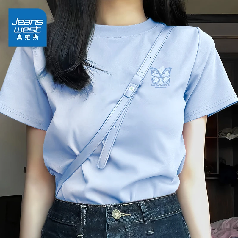 真维斯蓝色短袖t恤女2024新款爆款夏季女装纯棉半袖衣服宽松上衣