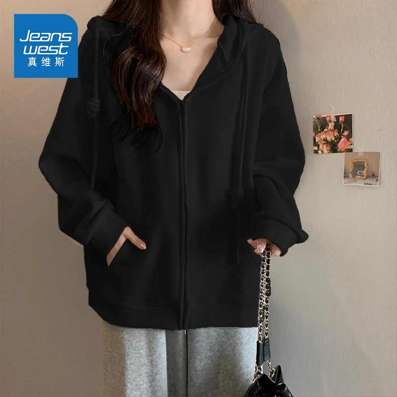 真维斯卫衣女秋季2024新款小众高级感连帽开衫长袖小个子黑色外套