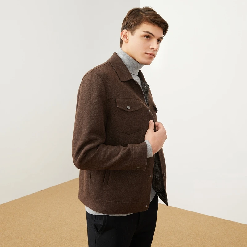 【含羊毛】爸爸柒牌夹克男秋冬新款时尚休闲工装风翻领毛呢外套衫