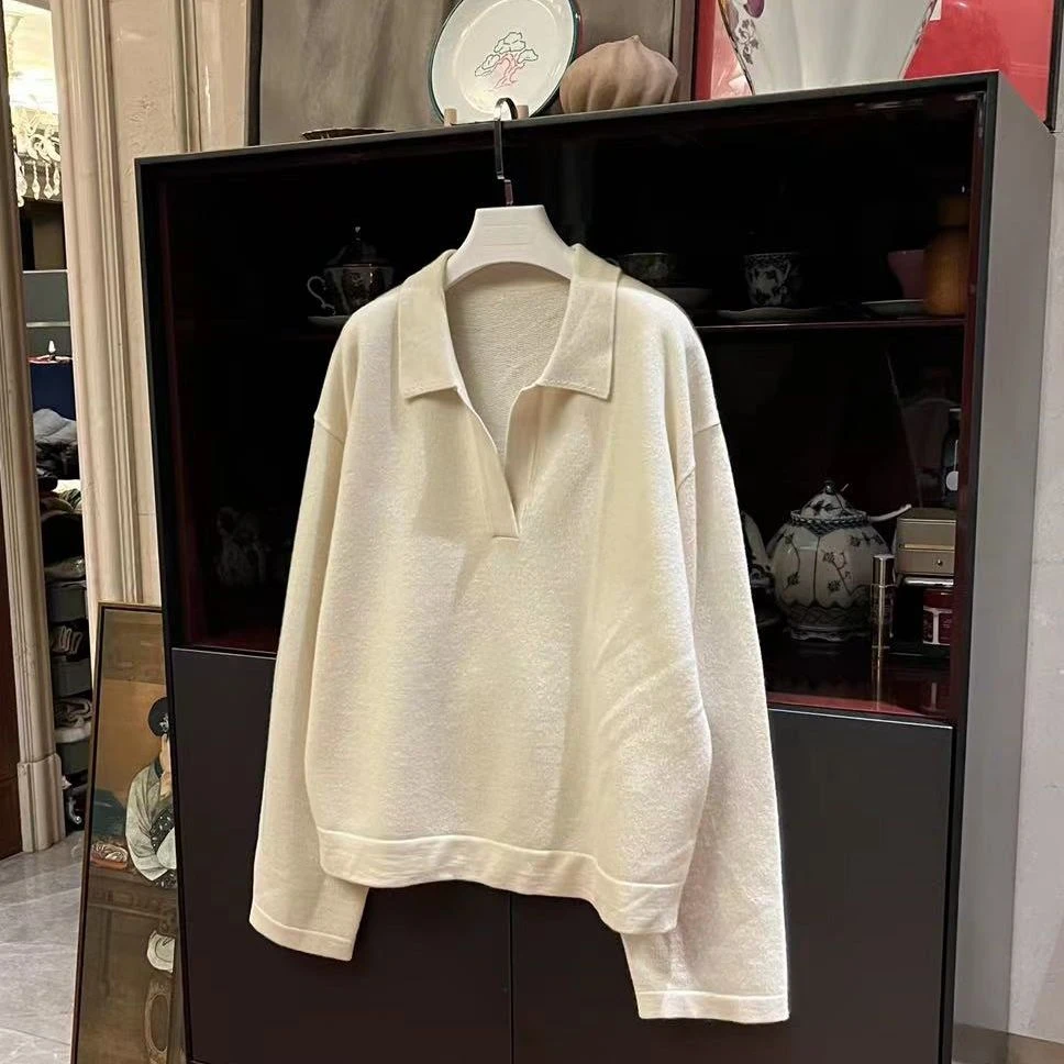 漫颜刘羊绒白色针织衫2023秋冬新品翻领套头上衣