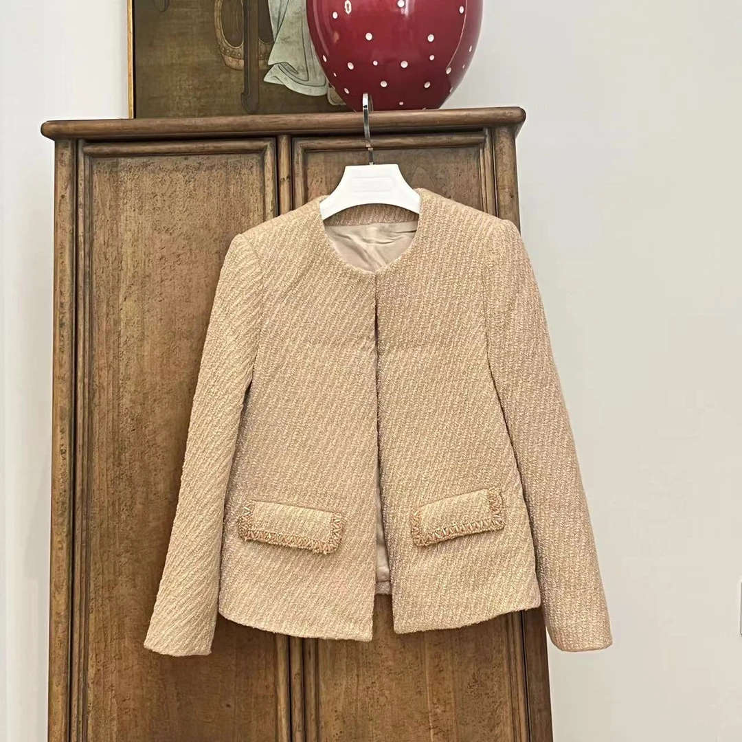 漫颜刘2024秋季新品卡其色羊毛混纺小香外套圆领长袖休闲宽松上衣