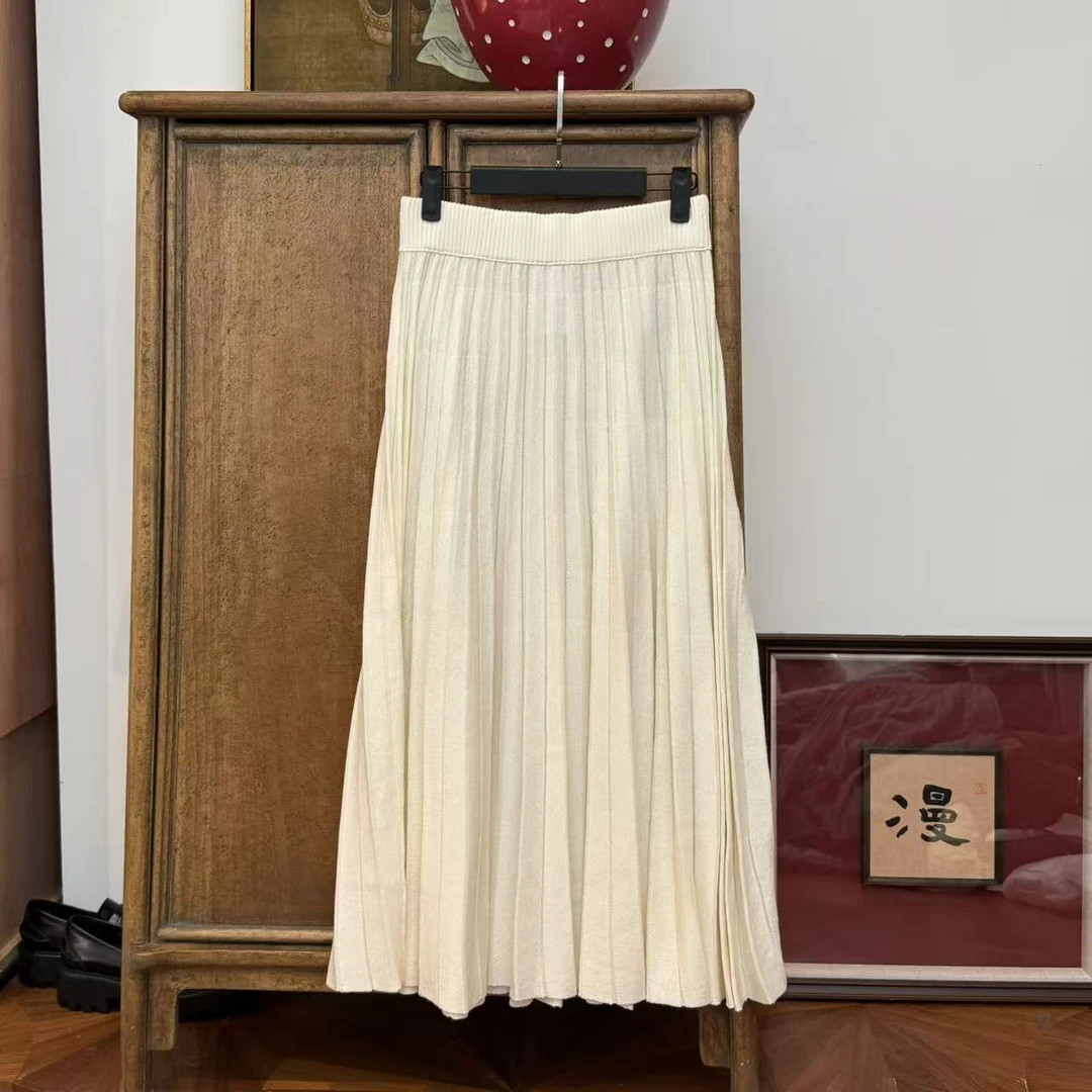 漫颜刘2024秋冬新品羊毛白色百褶半裙中腰直筒纯色时尚中长款半裙