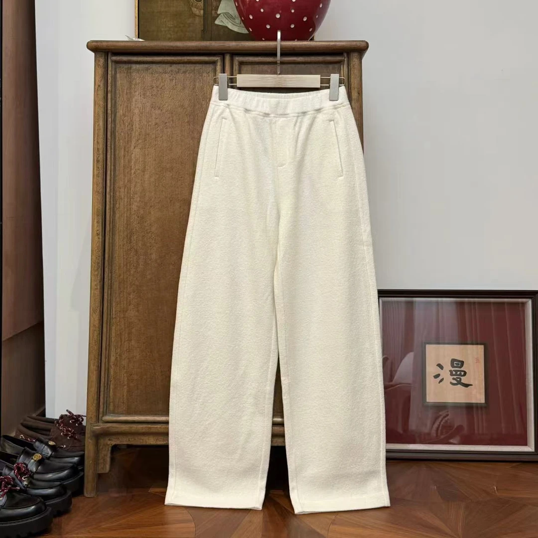 漫颜刘2024年秋季新款羊毛白色休闲裤直筒羊毛松紧腰直筒裤