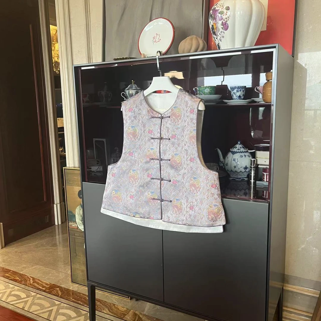 MYL2024春季新桑蚕丝紫色提花马甲圆领麒麟单排扣中式上衣