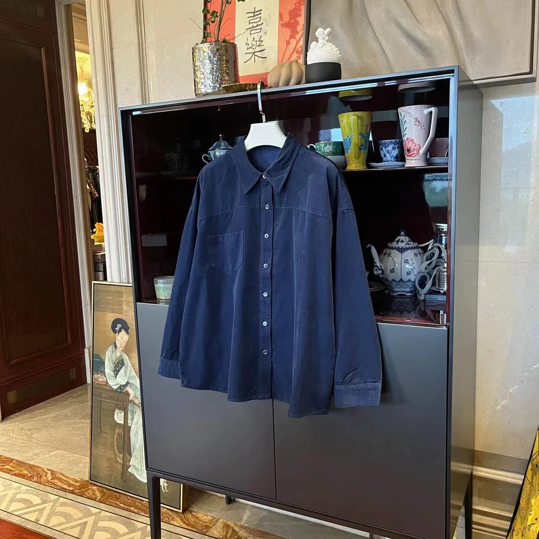 漫颜刘2024秋冬新品纯棉蓝色灯芯绒衬衫翻领长袖单排扣休闲上衣