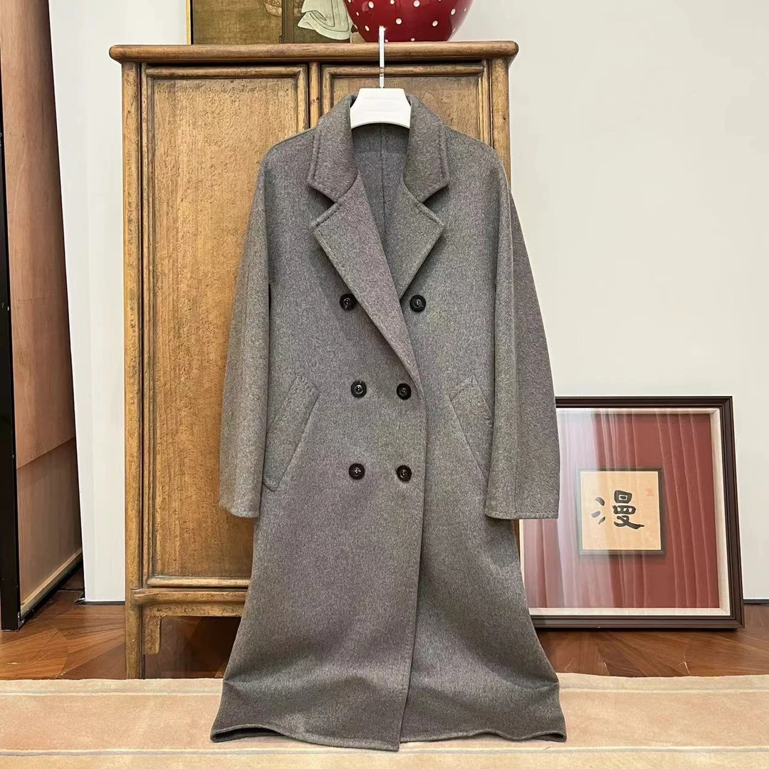 漫颜刘2024秋季新羊绒双面呢外套西装领长袖双排扣中长款呢大衣