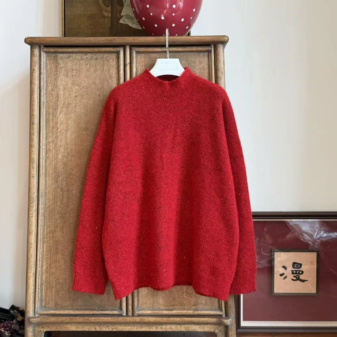 漫颜刘2024年秋冬新款山羊绒混纺红色针织衫中高领亮片针织衫