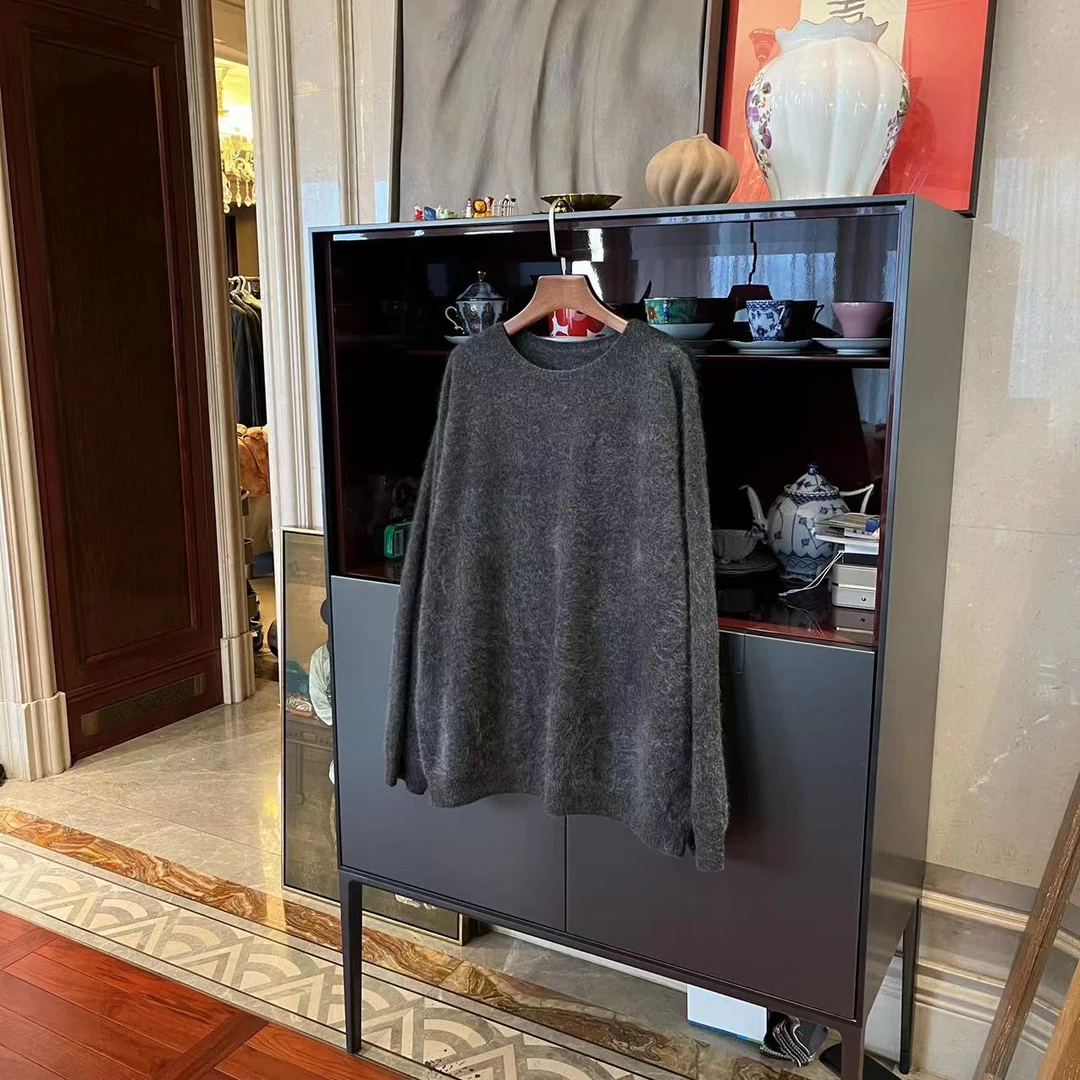 漫颜刘山羊绒深灰色拉毛针织衫2023秋冬圆领长袖套头上衣女