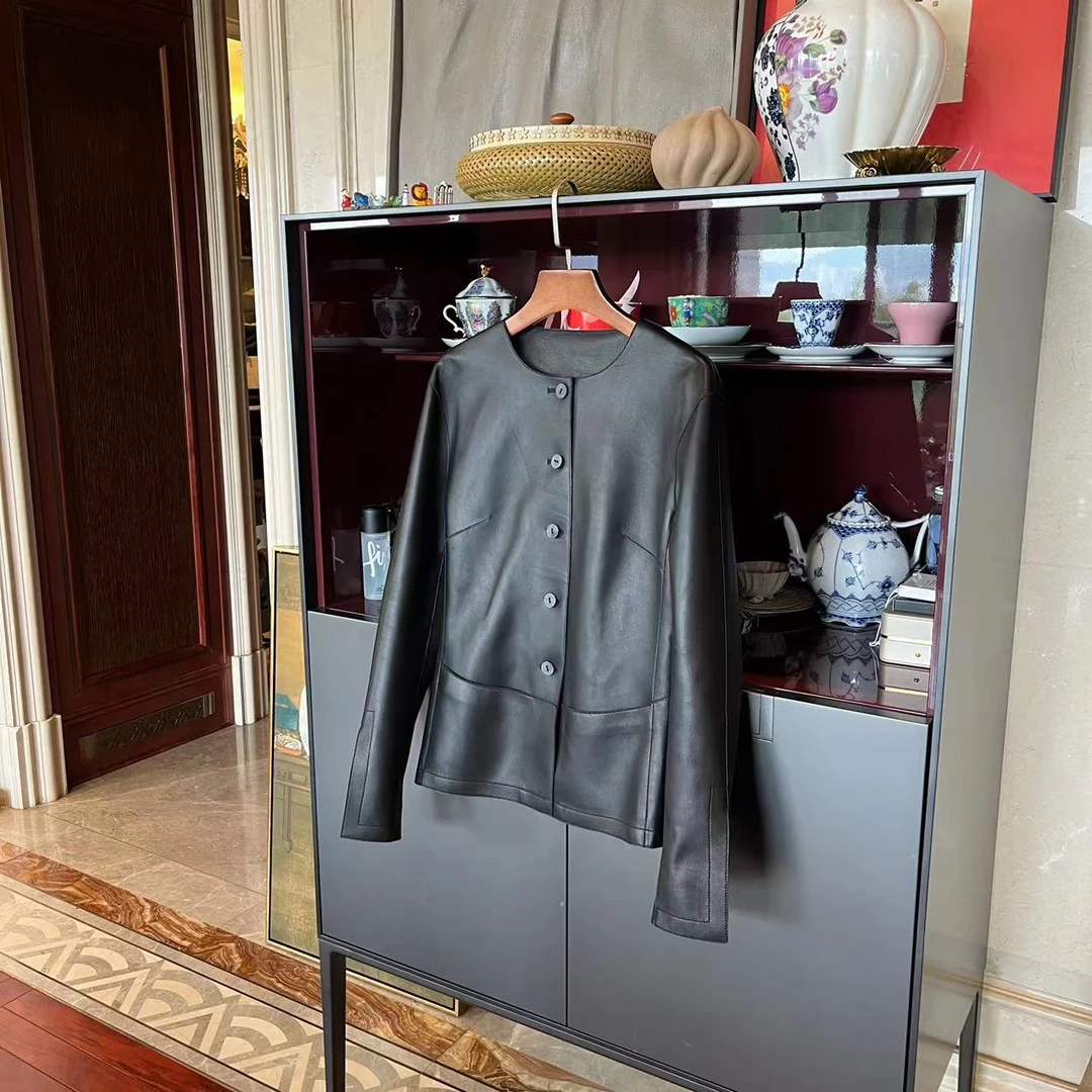 MYL羊皮黑色收腰皮衣2023秋季新品圆领长袖真皮休闲时尚上衣