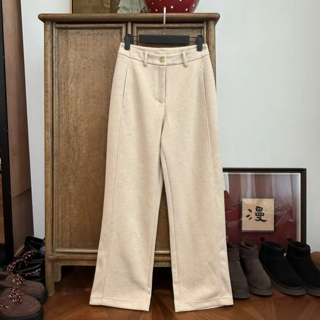 漫颜刘2024秋冬新品羊绒混纺米白色休闲裤中腰直筒纯色时尚长裤