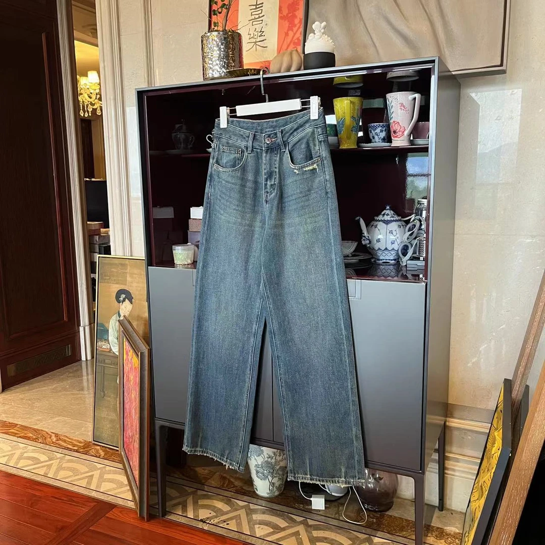 漫颜刘2024秋季新品蓝色纯棉牛仔裤时尚休闲百搭直筒牛仔裤