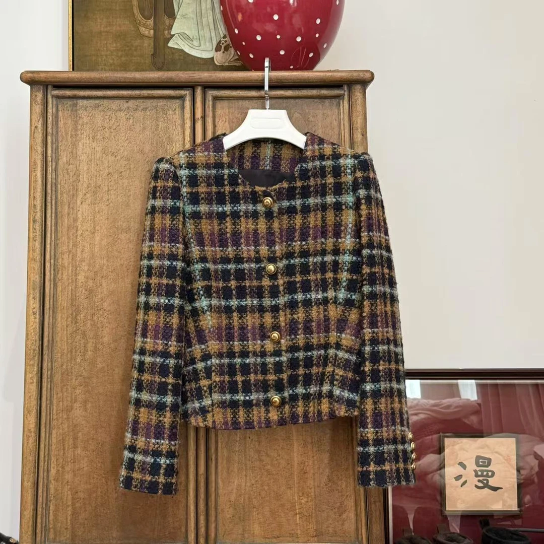 MYL2024年秋冬新款羊毛棉小香外套圆领蓝格子短外套