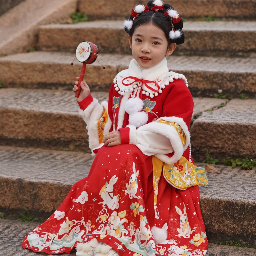 2024冬季新款加厚加绒中国风汉服唐装新年节日喜庆儿童拜年服套装