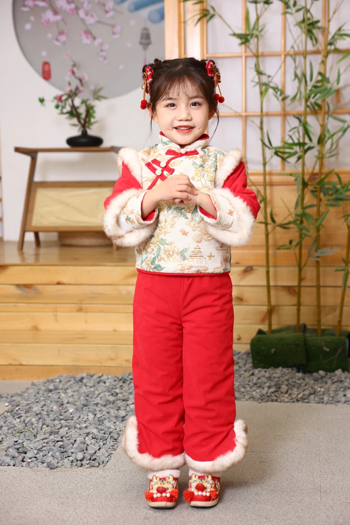 2024年冬季新款唐装拜年服加绒加厚加棉新中式儿童喜庆过年套装