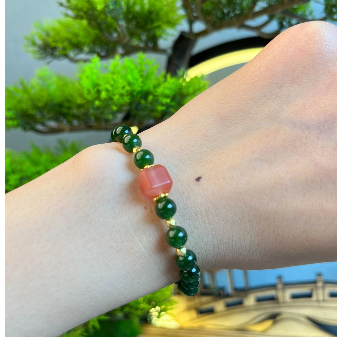 天然和田玉碧玉手串轻奢小众南红转运珠绿色手链女士串珠显白礼物