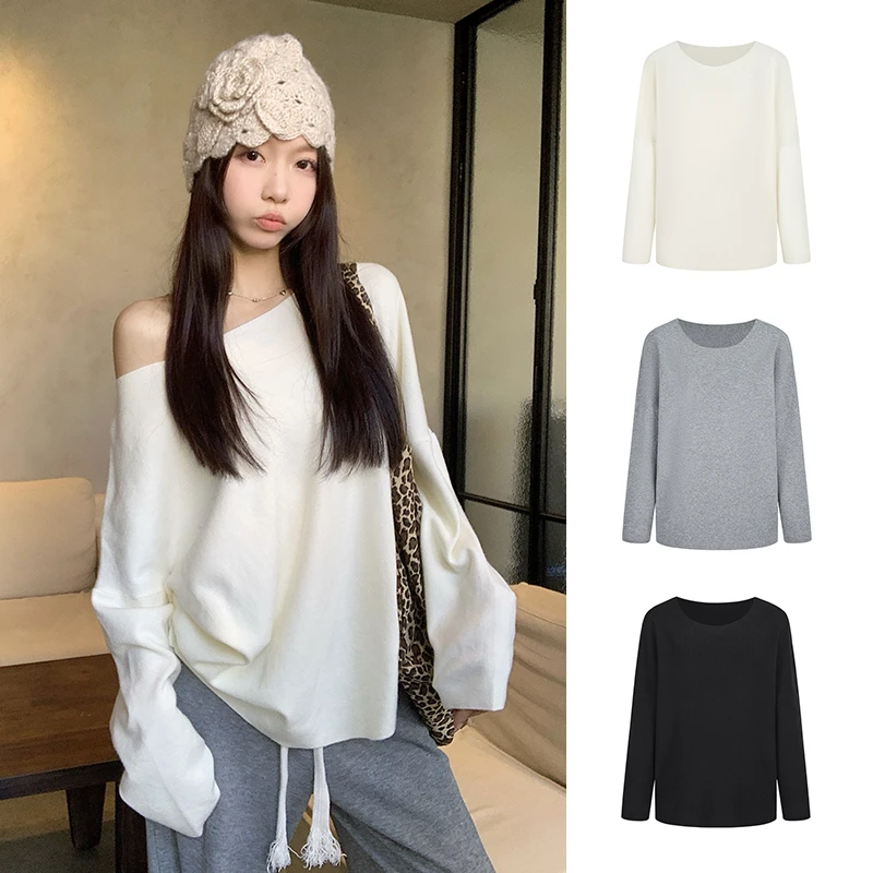 Moses Queen/魔西女王气质斜领露肩长袖针织衫宽松百搭套头毛衣