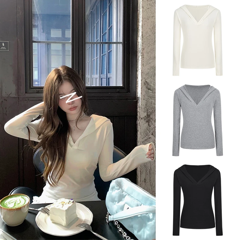 Moses Queen/魔西女王连帽白色V领打底衫显瘦长袖T恤纯欲小衫上衣