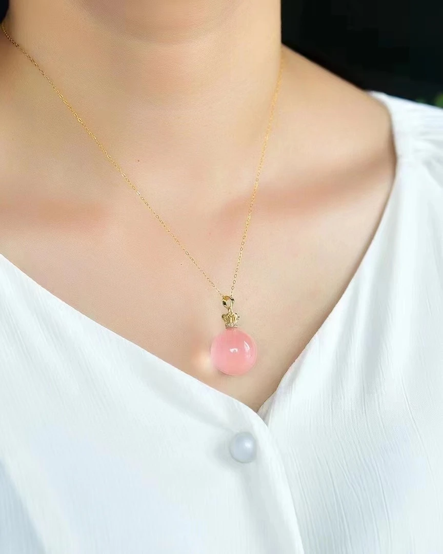 天然粉水晶芙蓉晶吊坠圆珠女款项链颈链锁骨链