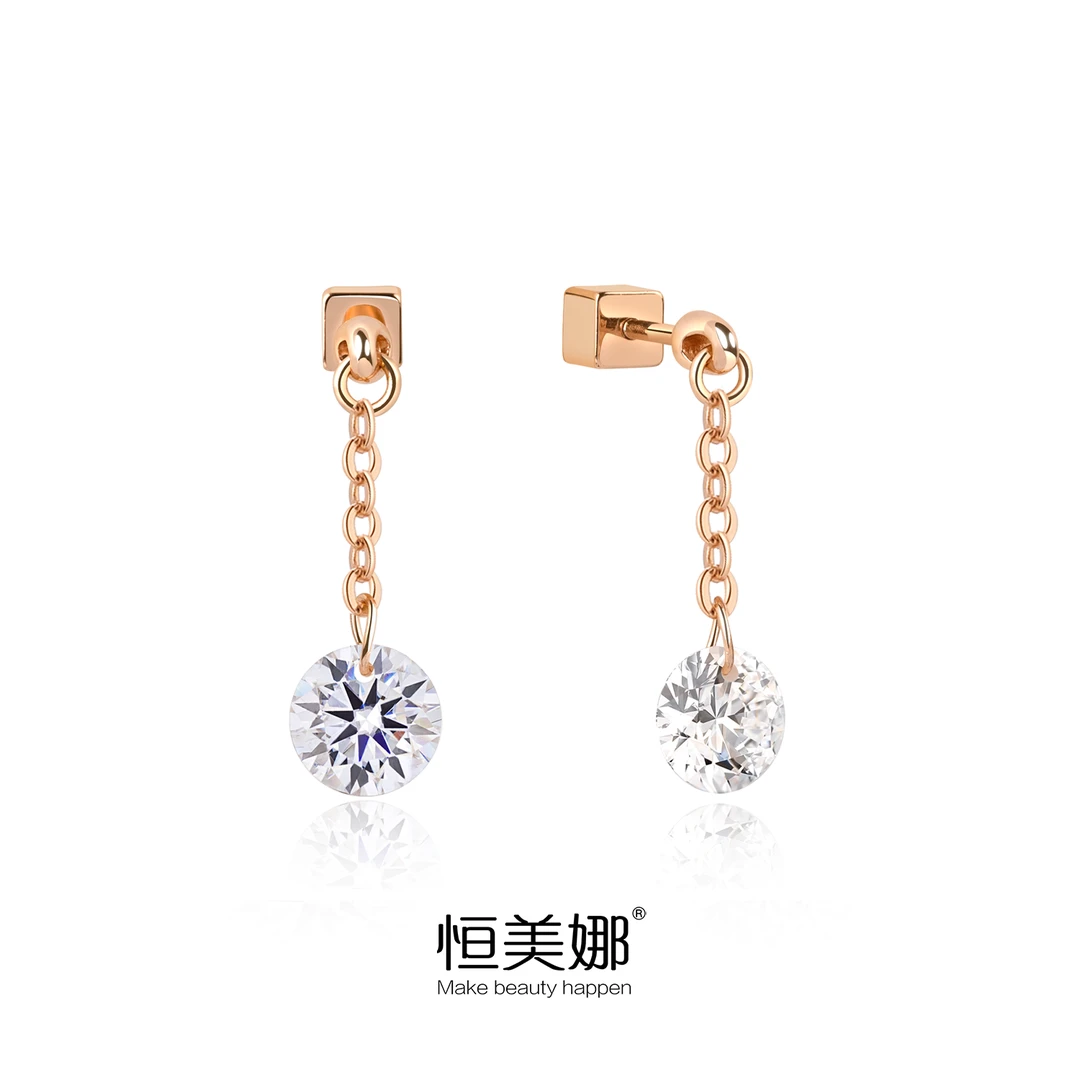 恒美娜 925银莫桑石耳饰 打孔链条耳钉耳坠时尚百搭轻奢气质小众