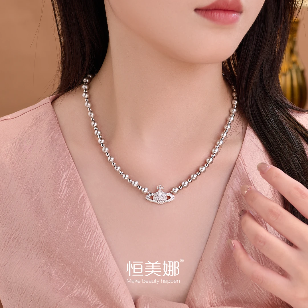恒美娜 坠链均925银莫桑石 西太后珠珠项链时尚轻奢双面小众