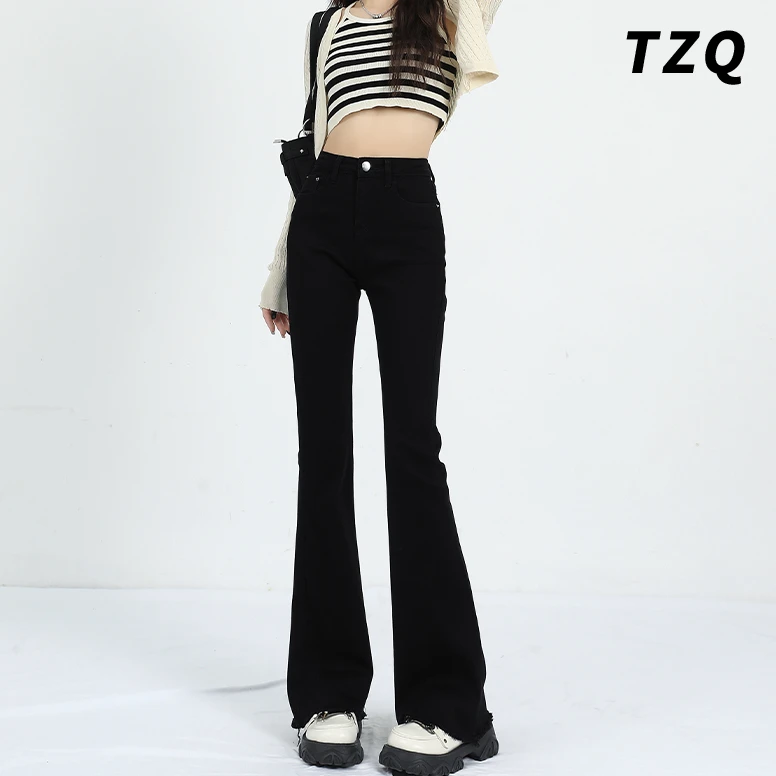 毛边微喇牛仔裤女2023新款黑色小个子高腰显瘦马蹄裤子TZQ110804