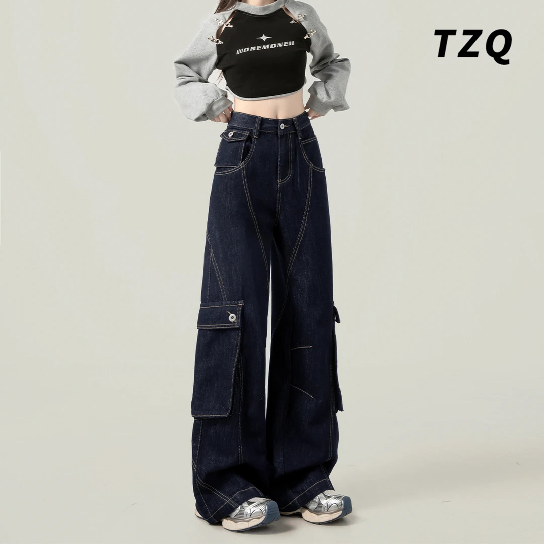 韩系高腰阔腿工装牛仔裤女爆款秋冬新款多口袋设计宽松百搭拖地裤