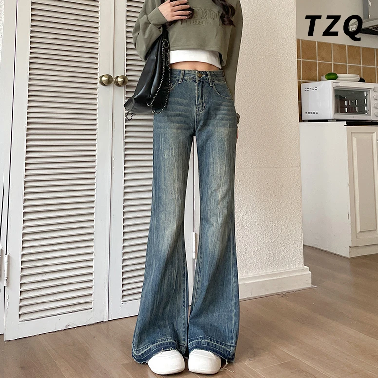 春秋新款微喇牛仔裤女款薄款宽松显瘦设计感毛边阔腿裤TZQ111014