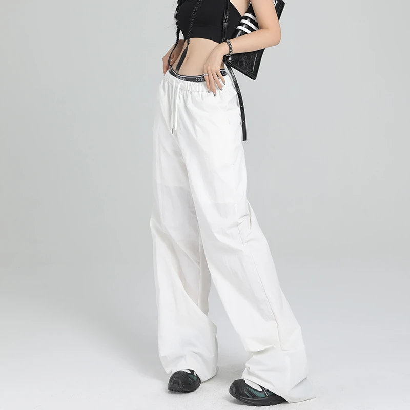 白色阔腿休闲裤女夏季薄款2025新款美式高腰垂感宽松显瘦运动裤子