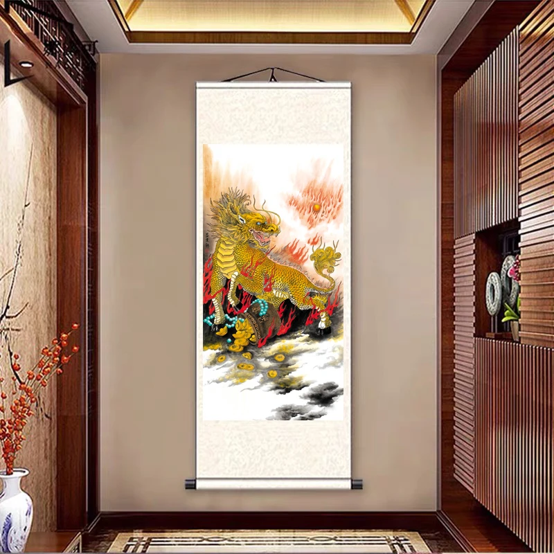 S新中式国风玄关画竖幅装裱卷轴装饰画《麒麟