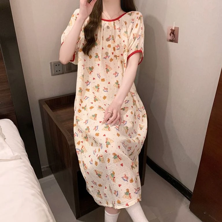 100%纯棉夏季双层棉纱短袖睡裙女士透气可爱碎花宽松家居过膝长裙